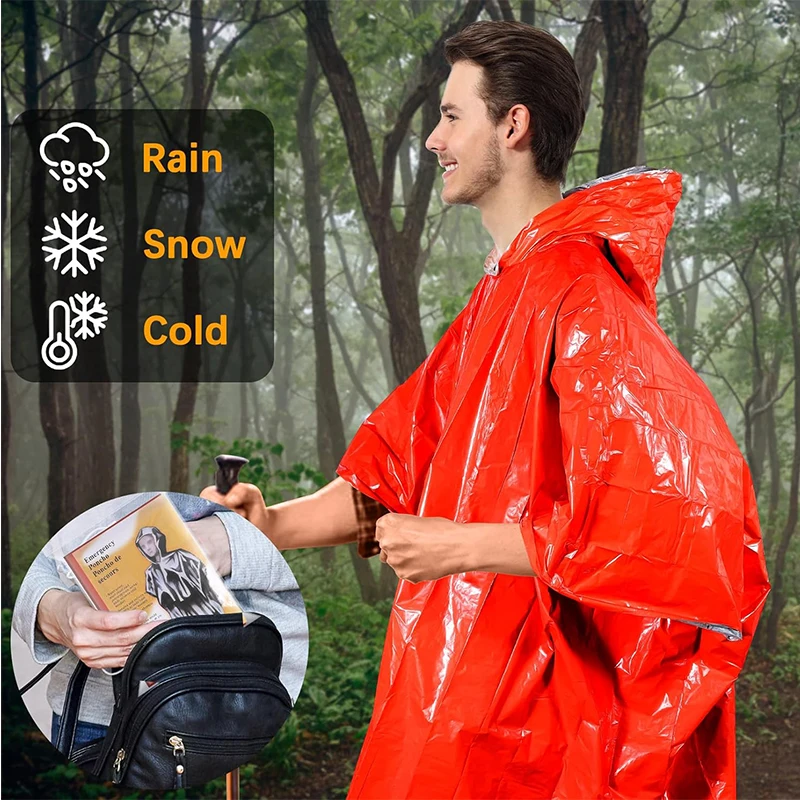 Waterproof Orange PE Aluminium Foil Survival Emergency Rain Poncho With Mylar Blanket Liner