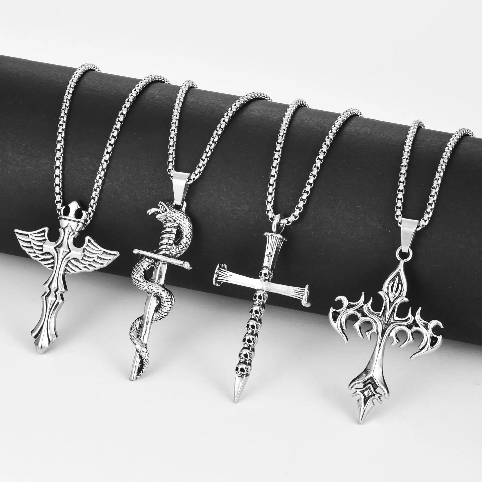Wholesale Fashion Popular Creative Personality Exaggerated Patchwork Snake And Sword Cross Necklace For Men