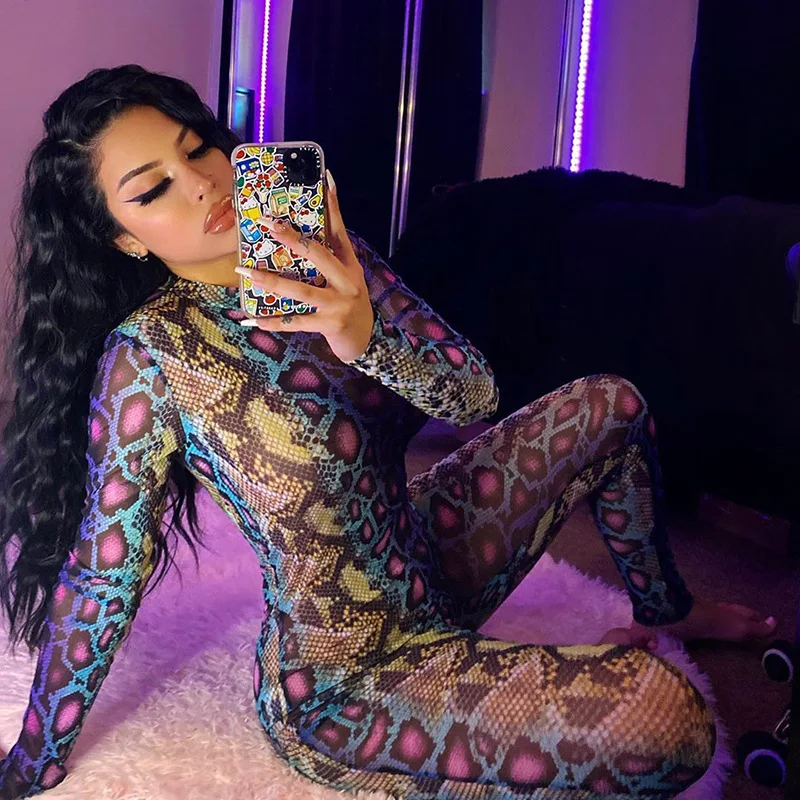 Kilig Hot Selling Items Long Sleeve Snake Print Pattern One Piece Jumpsuit Tight Jumpsuit Women
