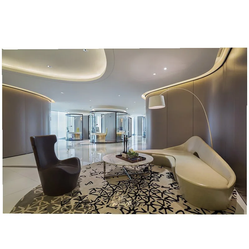 Curved streamlined office front desk display cabinet design, customized reception display rack, wooden island cabinet