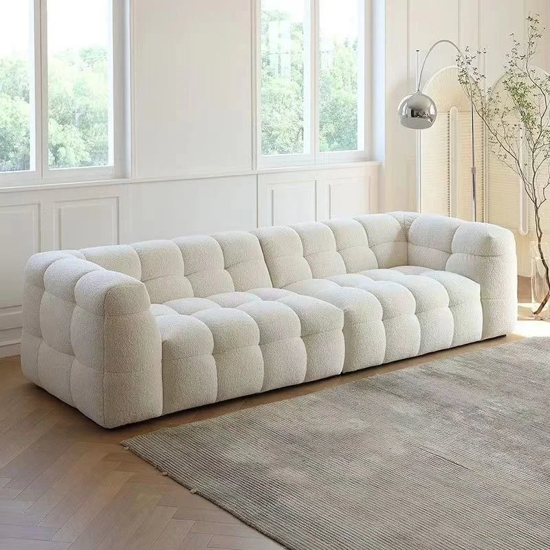 Modern Quiet Style Designer White Teddy Fleece Sofa Luxury Hotel Living Room Straight Three Seat White Lamb Fleece Sofa
