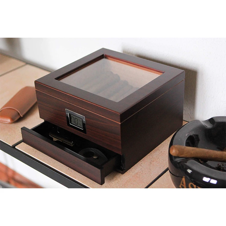 Wholesale  Glass Top  Cedar wood cigar humidor case with Accessory Drawer Front Digital Hygrometer Holds (30-60 Cigars)