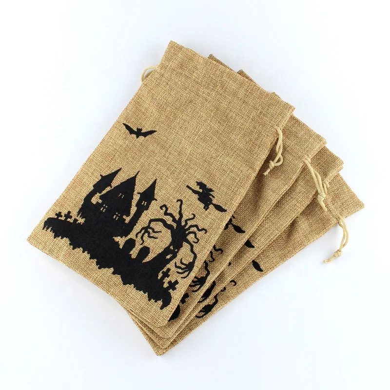 Promotional Jute Dust Bag Drawstring Linen Flax Packaging Bag for Halloween Decoration