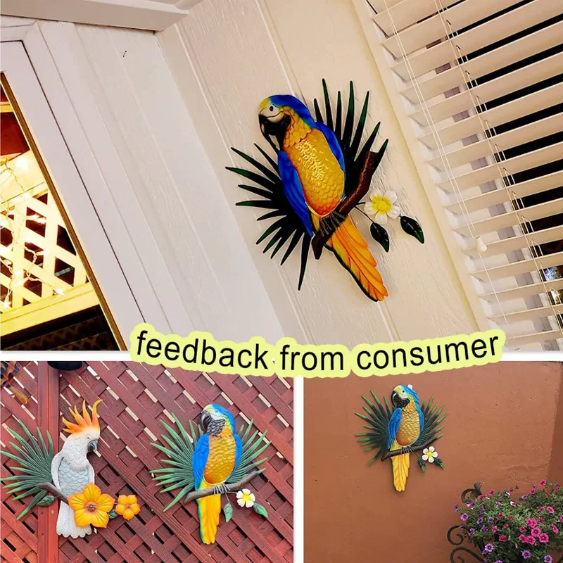 Home Decor Indoor Outdoor Fused Glass Paint Hanging Garden Decoration for Patio Fence and Porch Metal Parrot Wall Decor