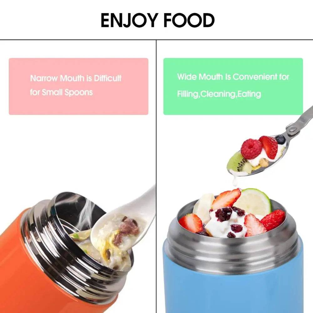 16 oz Thermos Kids Food Jar Stainless Vacuum Insulated Lunch Box for Adult Kids with Folding Spoon Wide Mouth Soup Container