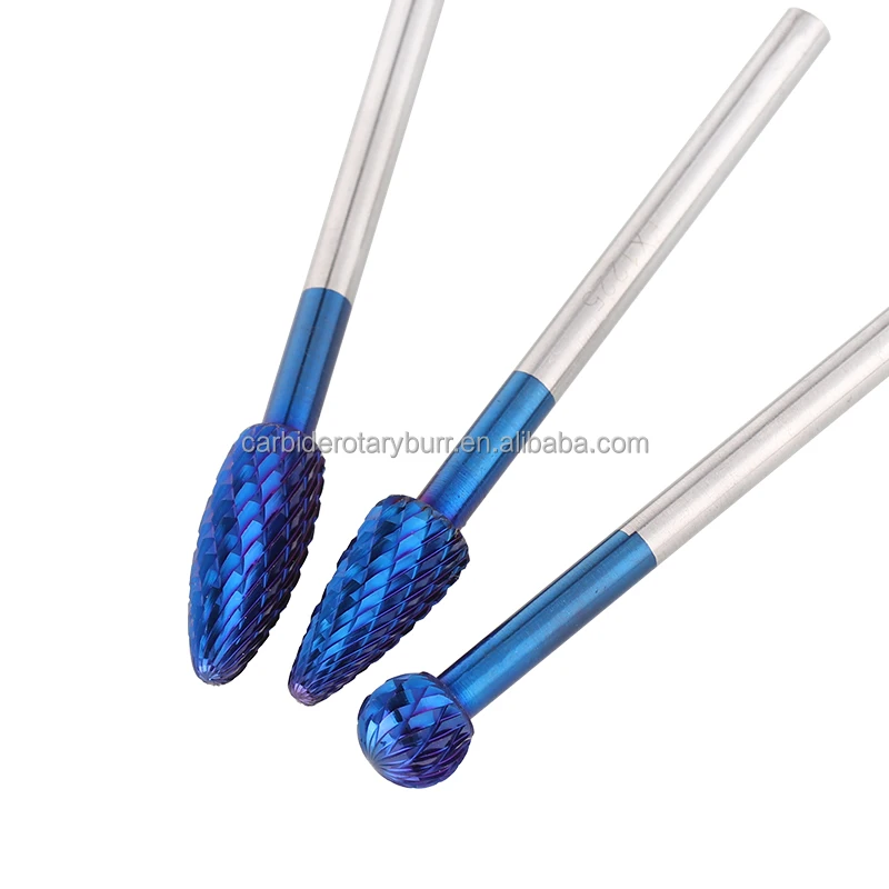 Total Length 100mm Long shank Metal File Double Cut Tungsten Carbide Rotary Burrs 6mm Shank Nano Blue Coated Rotary File burr