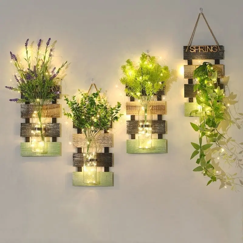 Farmhouse Rustic Glass Wooden Wall Vertical Planter Flower Plant Pot Wall Decor Pendant Wall Hanging Vase