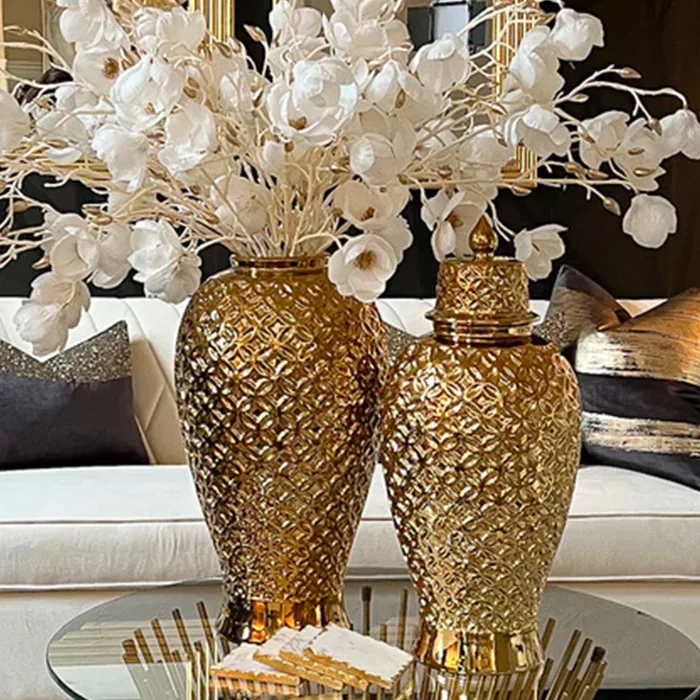 Home decoration porcelain luxury vase electroplate golden vase general living room dining table model room porch home deco