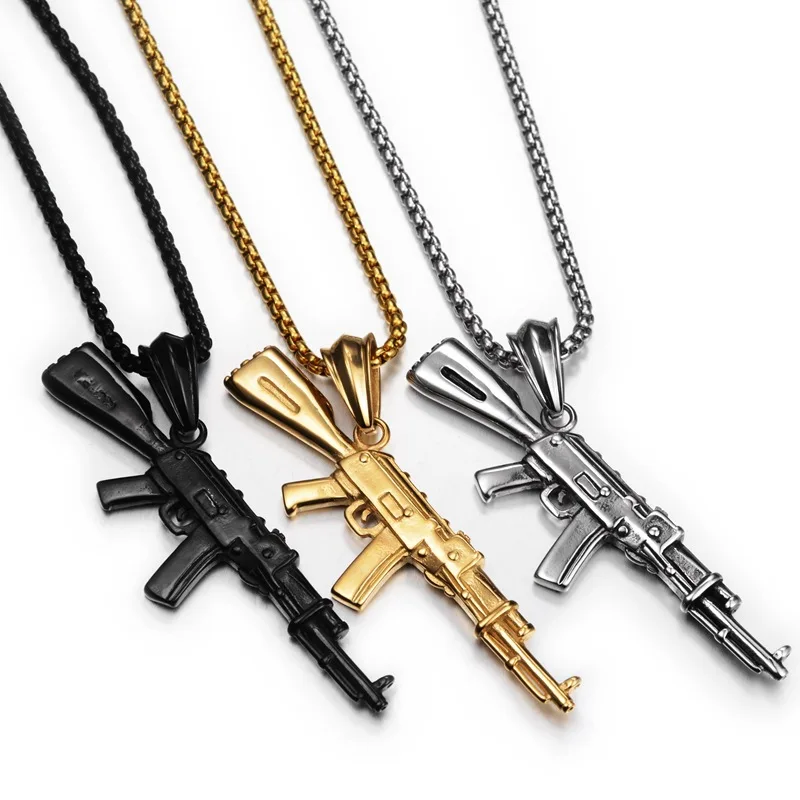 Hip Hop Bar Automatic Rifle AK47 Waterproof Tarnish Free 316l Stainless Steel Jewelry Pendant Necklaces for Man Men Male