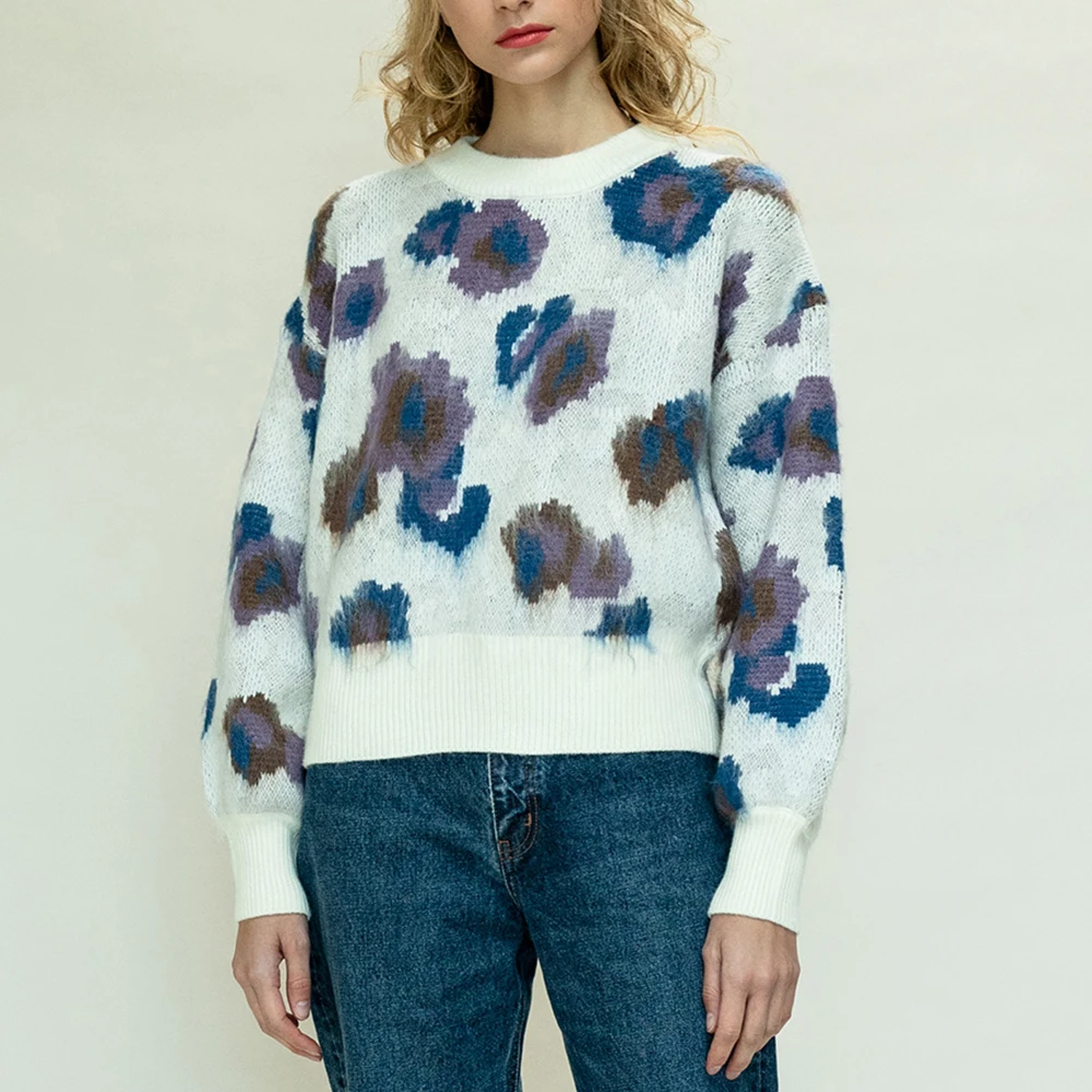
2021 OEM custom high quality over size women mohair leopard sweaters design knit pullover thick winter knitwear jumper top 