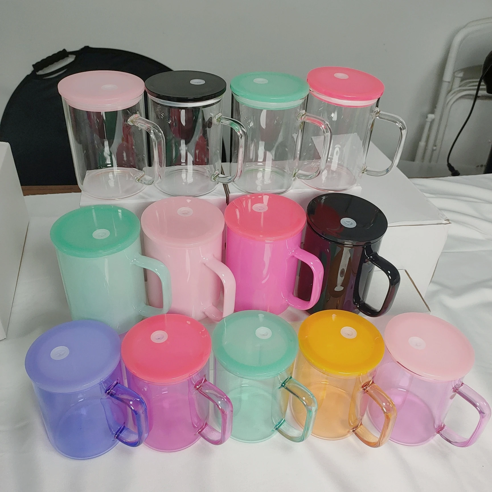 wholesale bulk mixed color 17oz sublimation white shimmer jelly glass can cup mug tumbler with bamboo plastic lid and straw