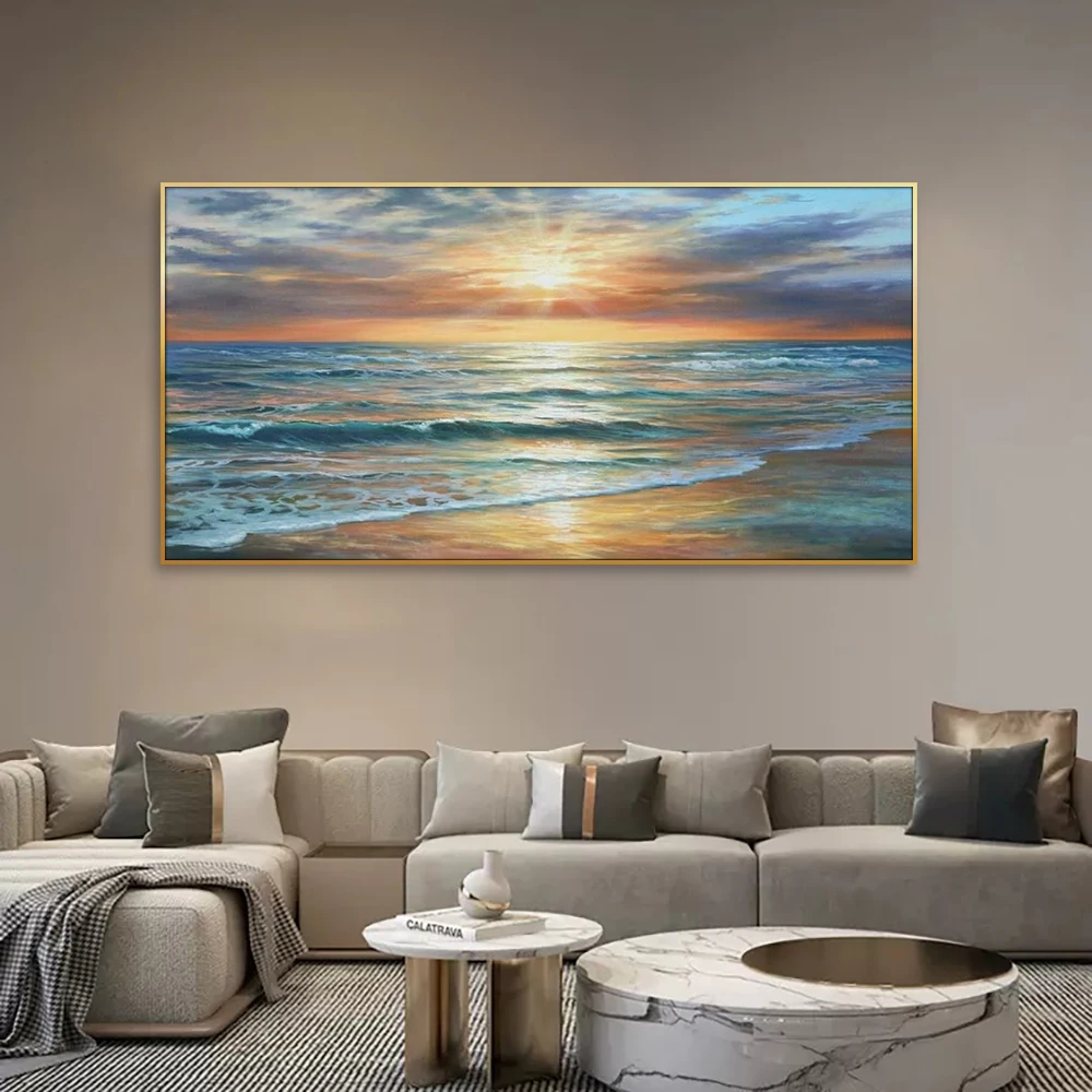 Sunset Ocean Beach Oil Painting Wall Art Natural Seascape Poster Stretched Framed Canvas Print for Home Living Room Decor