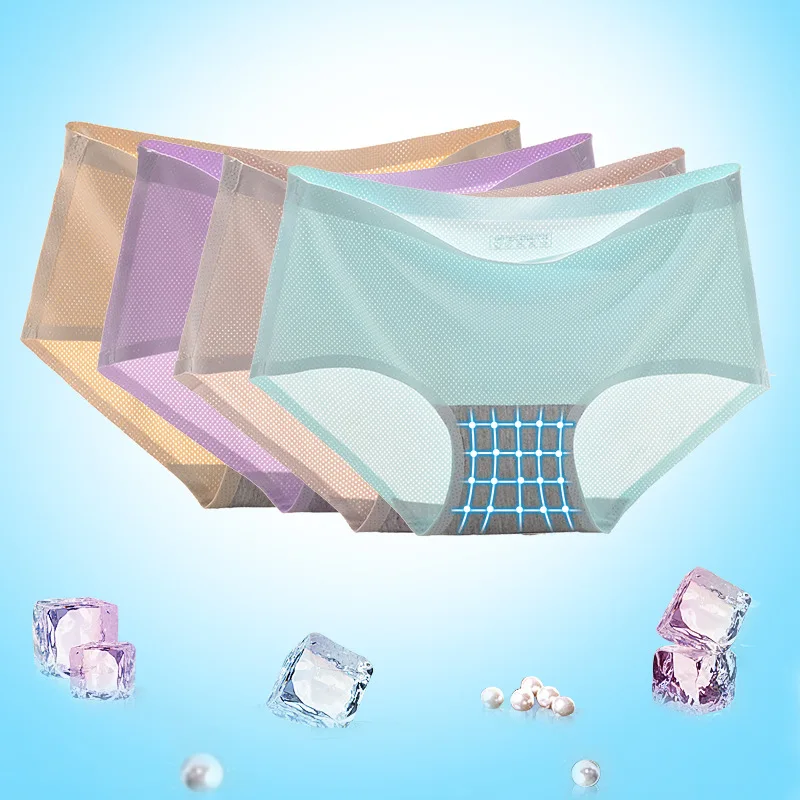 Seamless breathable mesh underwear Ice silk seamless underwear ladies solid color mid-waist briefs underwear women