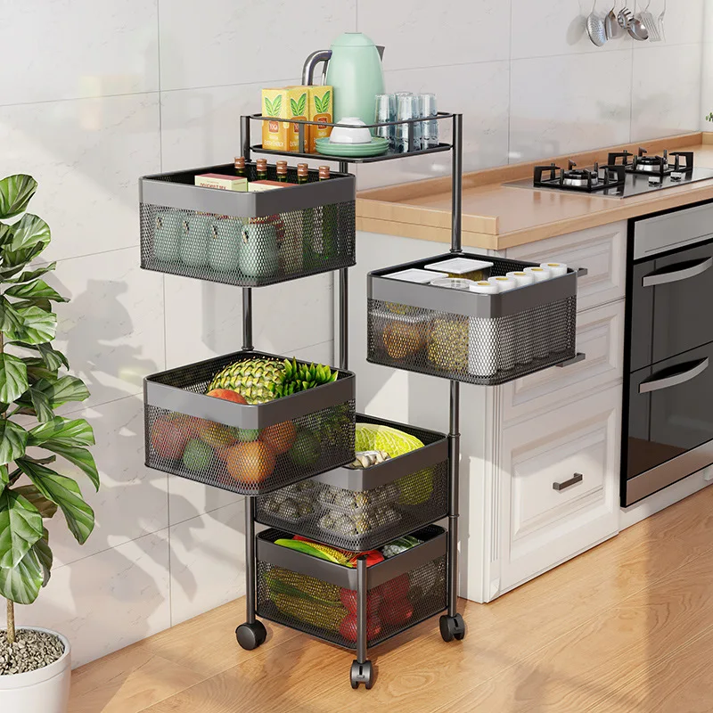 Rotating Multi Layer Kitchen Shelf Square Layered Standing Shelf Unit Kitchen Storage Rotating Vegetable Rack Floor Standing