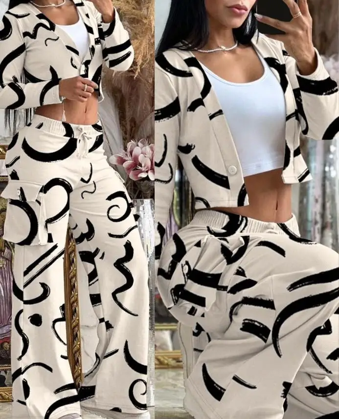 2024 New Fashion Women Clothing Patchwork Wide Leg Pants Long Sleeve Short Top Outfits For Women Pants Set