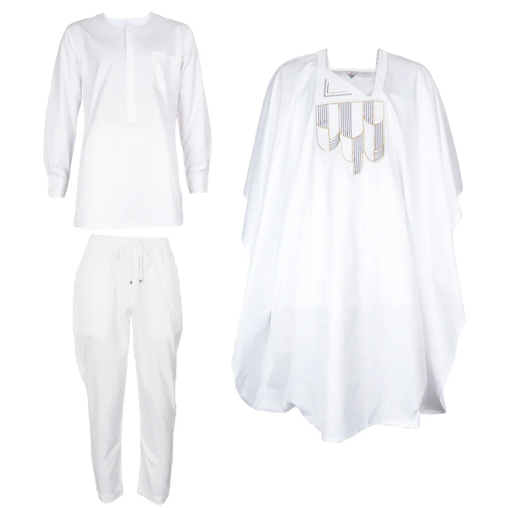 African Clothing For Men Embroidery Bazin Agbada Attire 3 Pieces Sets Dashiki Men Robe For Wedding