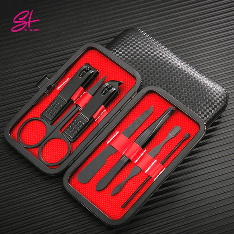 Large Stock ST FUTURE Professional Black Non-slip 7 pcs Stainless Steel Clipper Nail File Manicure Tools set
