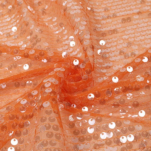 High Quality Orange Mesh Embroidered 5mm Reversible Transparent Sequin Embroidery Fabric for Party Women Dress
