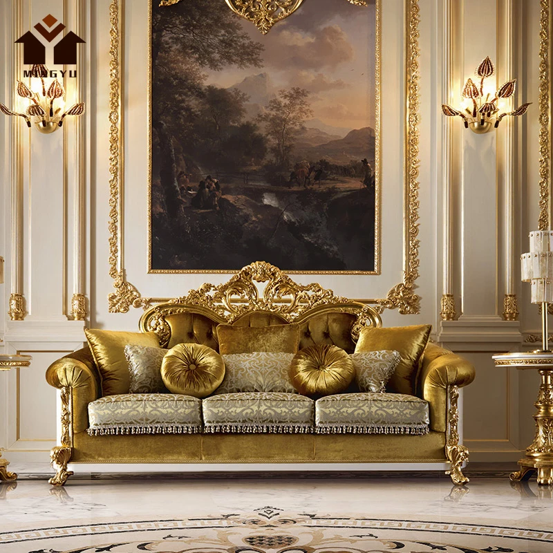Hampton Style Gold Antique Sofas Handmade Royal Decor Home Furniture Set Victorian Villa Couch With Cushion Long Service Life
