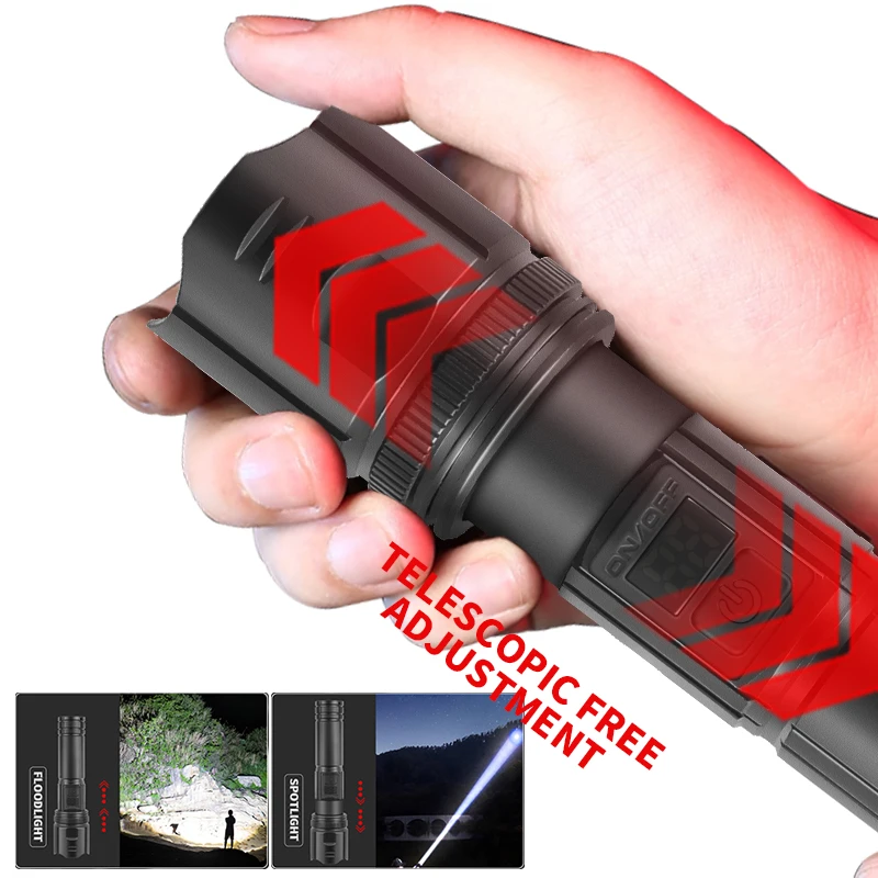 800m Super Bright Long Range Flashlight with 30W LED Type C USB Charging 5 Modes Zoomable Outdoor Emergency Torch