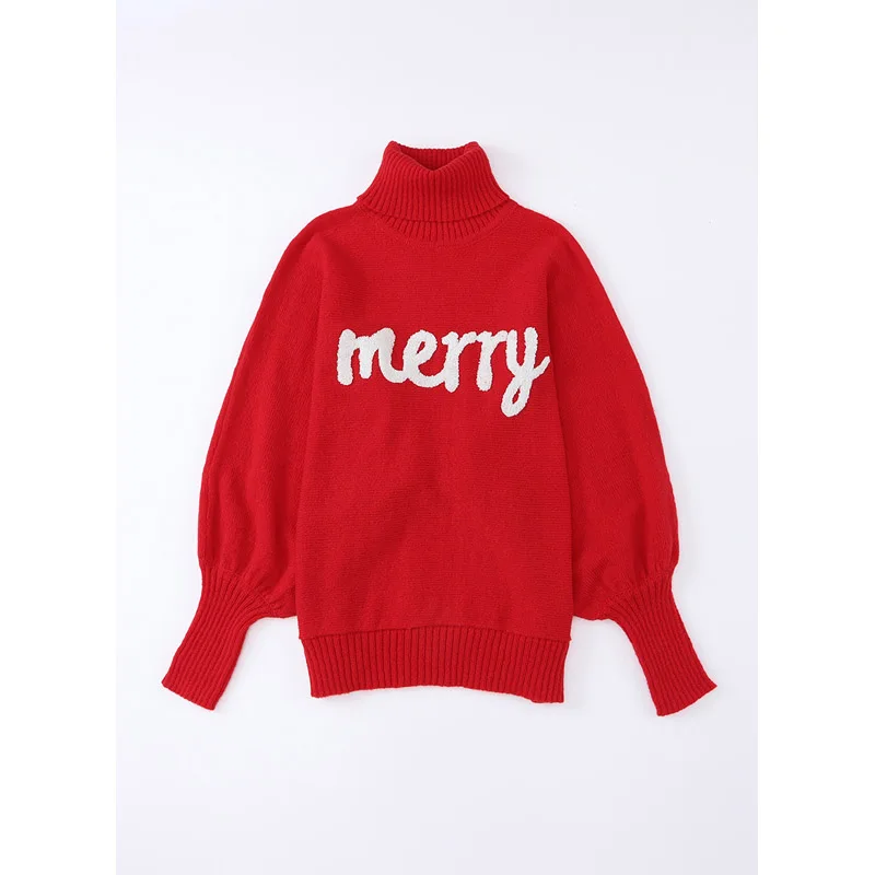 Dear-Lover Custom Logo High Quality Winter Letter Embroidered Turtleneck Pullover Knit Women Christmas Sweaters