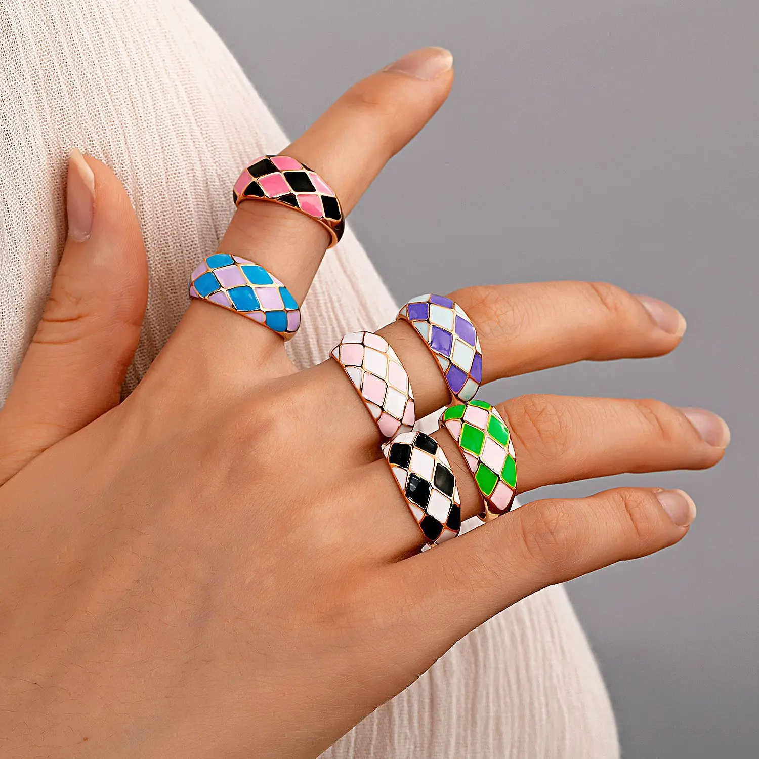 New Arrival Enamel Heart Flowers Alien Link Open Rings Fashion Cute for Girls Women Designer Pink Purple Gold Plated Zinc Alloy