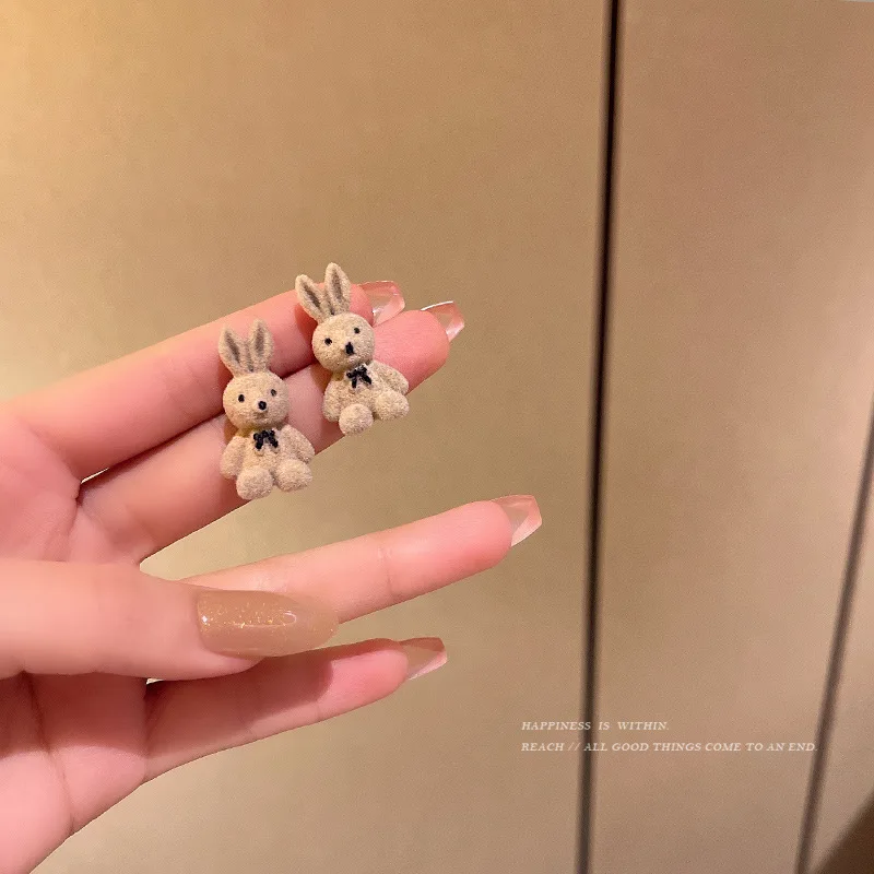Winter Anime Bunny Stud Earrings Piercing for Woman All Match Cute Plush Rabbit Earrings Cartoon Popular Flocking Party Jewelry