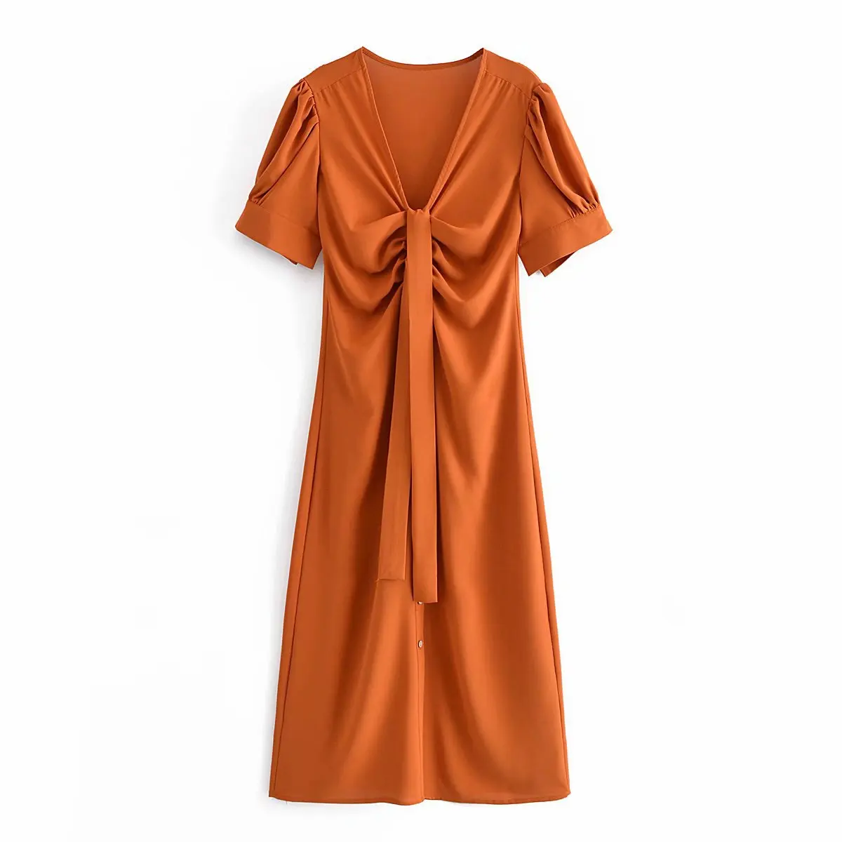 
2021 European and American style summer new fashion vacation style deep V-neck short sleeve pleated lace-up mid-length dress for 