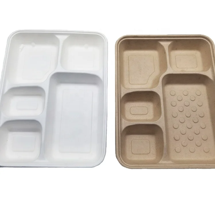 Kingwin Disposable Food Tray With 5 Compartments Compostable 5 Compartment Bagasse Plate White