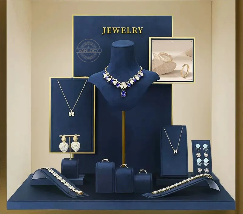 VANLOCY factory custom shop blue new jewelry necklace ring pendant bracelet bracelet metal display stand set