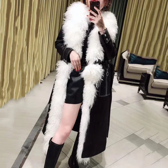 Women 100% Sheepskin Autumn And Winter Haining Leather Jacket Ladies Sheepskin Long Slim Windbreaker Jacket And Coat
