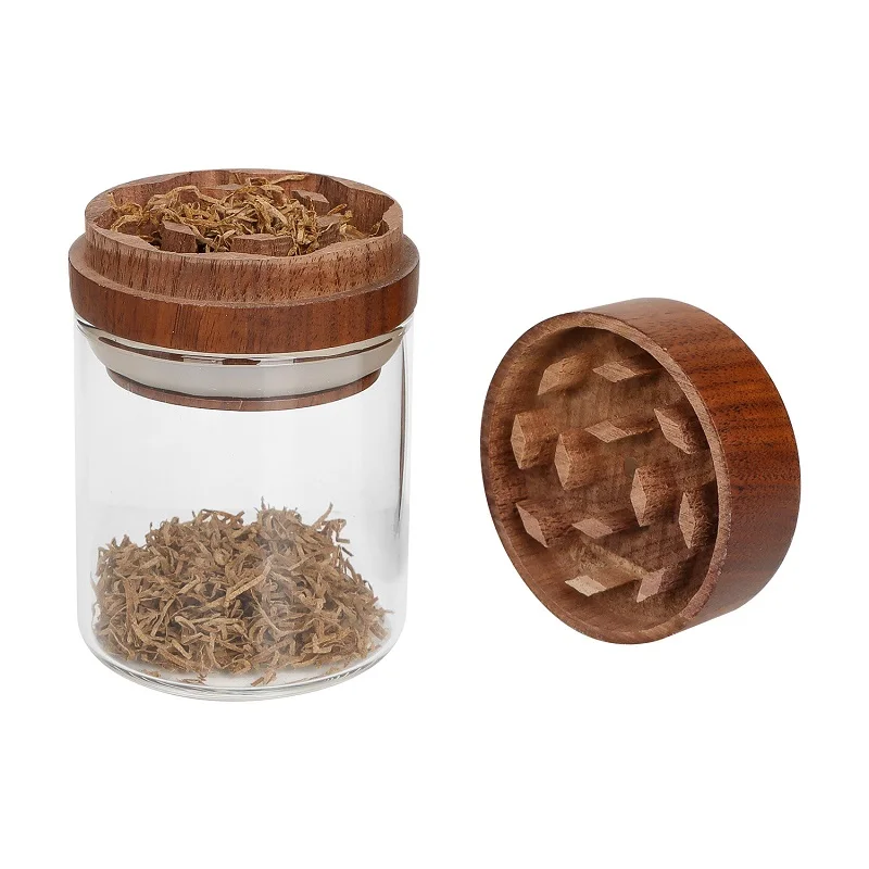Premium Walnut Wood Grinder with Glass Jar Wooden Herb Grinder for Smoking Accessories
