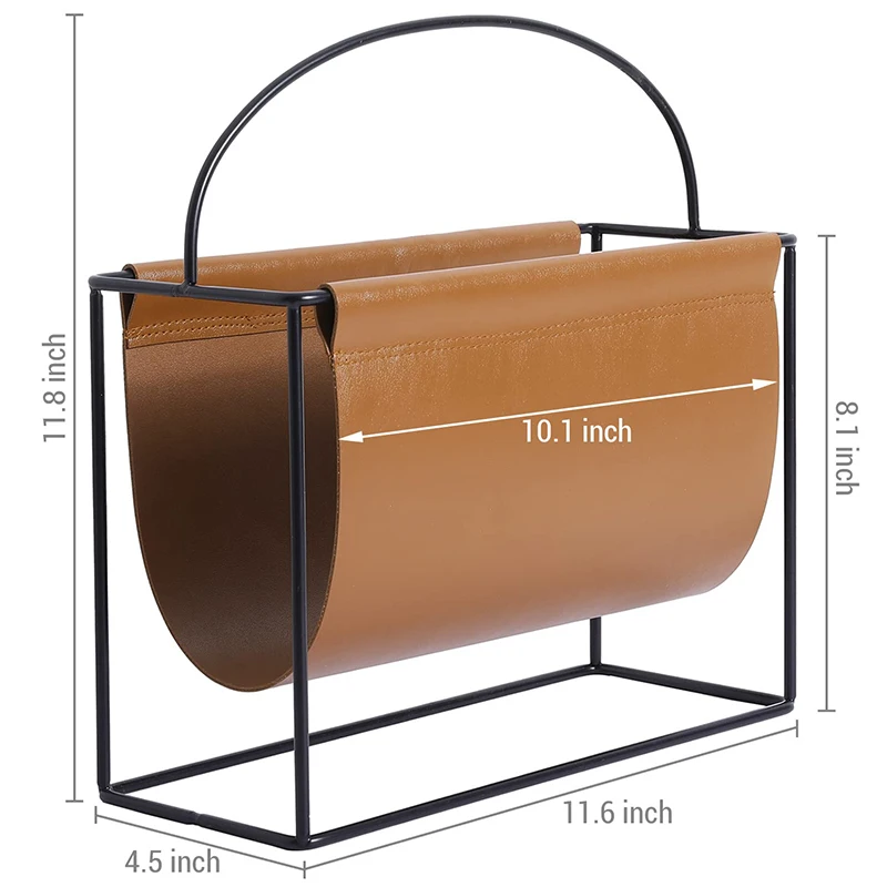 Modern Magazine Holder with Industrial Matte Black Metal Frame and Caramel Brown Leatherette Sling Hanging Storage Organizer