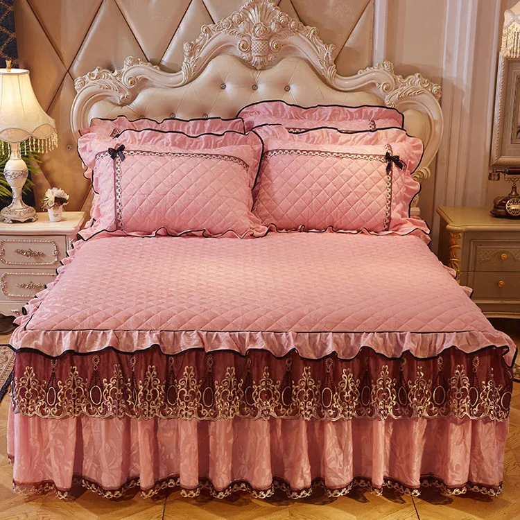
Princess style solid color jacquard royal lace velvet bed skirt for girls 