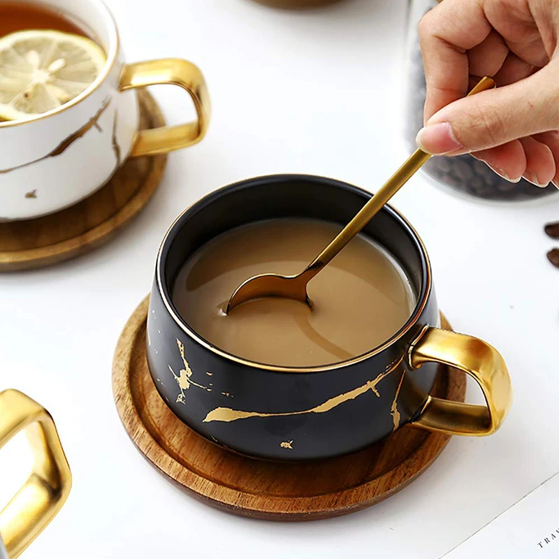10 унций, Набор чашек с золотым ручным принтом, кофейная чашка, Набор бамбуковых блюдце