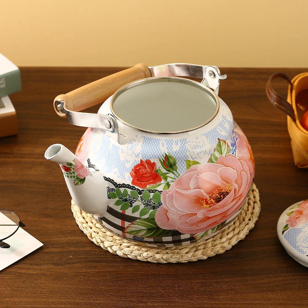 Wooden Handle Enamel Drinkware Good Appearance Coffee Pot Household Teapot Hot Water Kettle for Gas Induction Stove