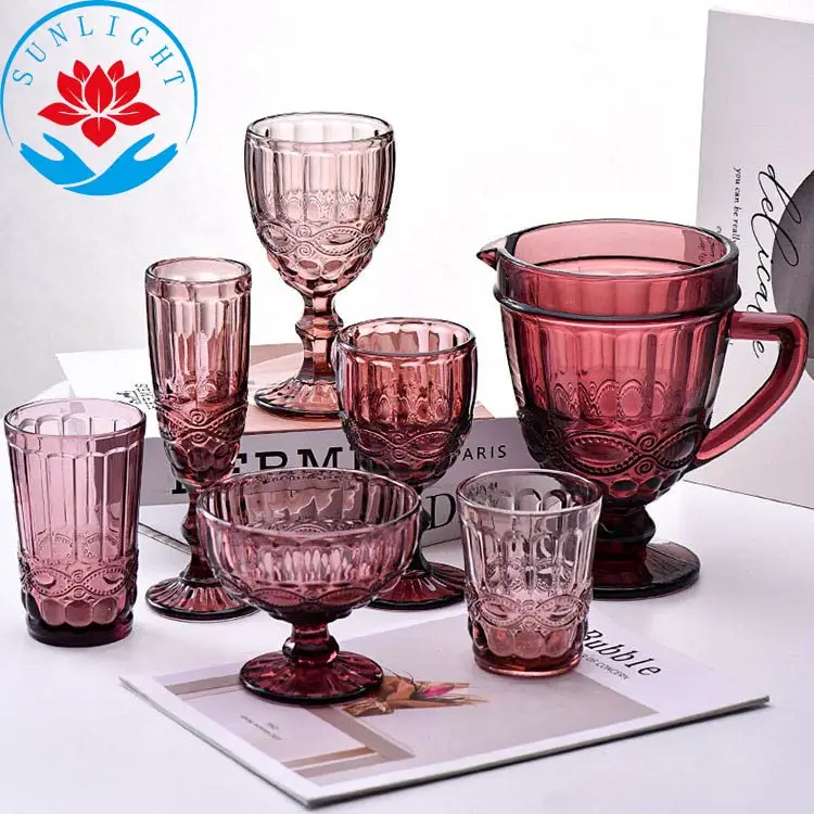 Factory high-end hot selling embossed retro solid color fun wine glasses beautiful red  ripple wine glasses set