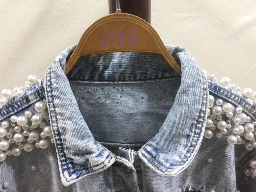 wholesale jacket Ladies short denim jacket women foreign trade beaded pearl loose autumn and winter new denim jacket