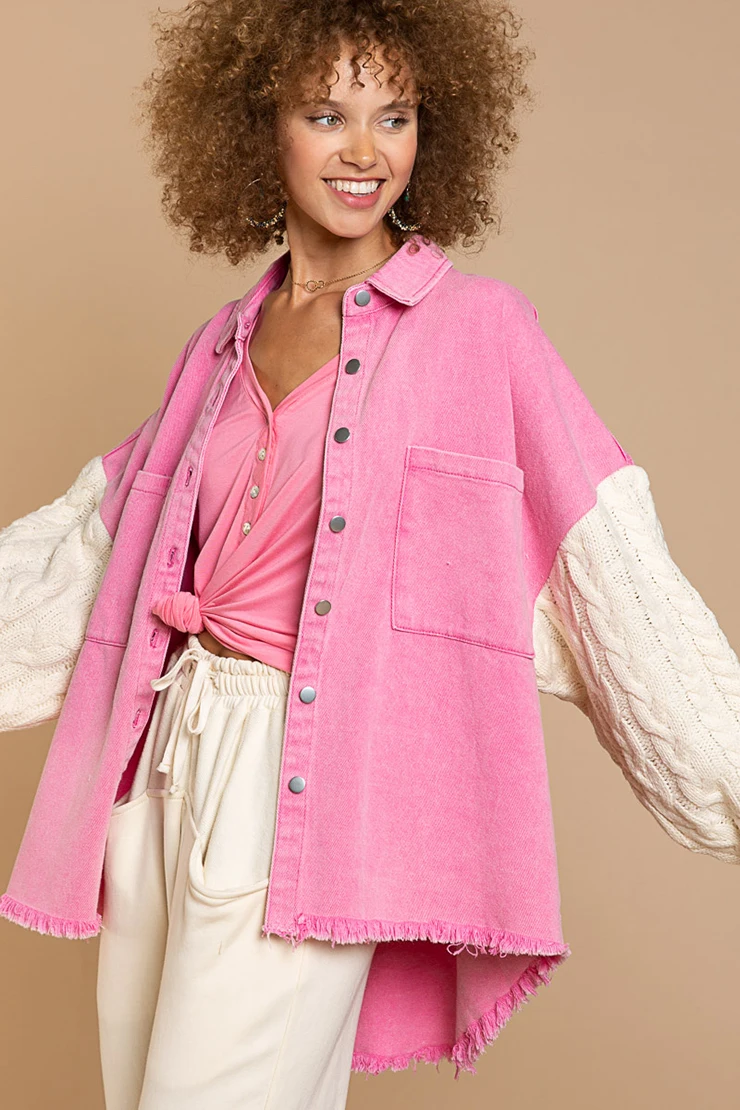 Hot Sale Ladies Solid Color Casual Jackets Loose Pocket Stitched Wool Sleeve Denim Jacket With Pockets