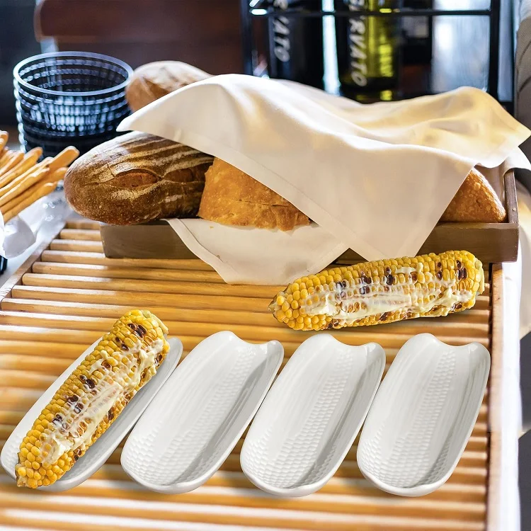 Ceramic Corn COB Holders White Porcelain Serving Tray Corn Dishes Set Non-Slip Bottom Microwave Dishwasher Oven Safe