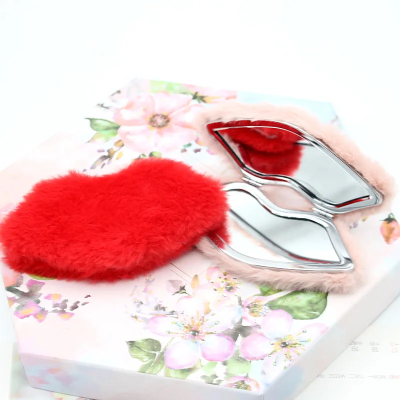 Hot Selling Cheap Small Mirror Plush Soft Lip Double Size Cosmetic Mirror Compact Pocket Beauty Mirror