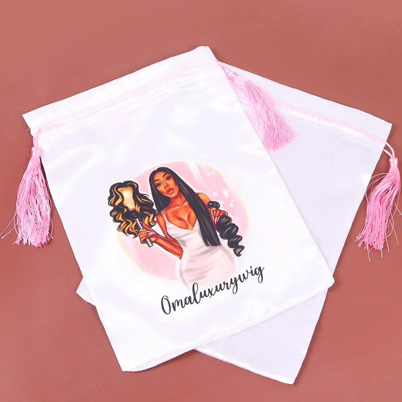 Wholesale black silk satin wig drawstring bag custom large satin bags for hair extension