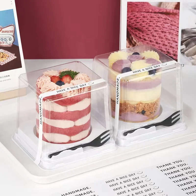 Transparent Square Boxes Small Baking PET Plastic Afternoon Tea 2 Inch Mousse Cake Box with fork