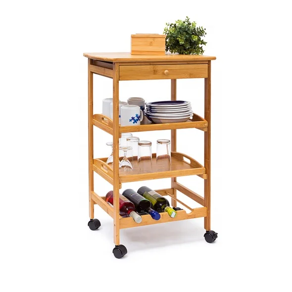Kitchen Island Cart on Wheels with Storage Drawer Shelves 3-Tier Rolling Serving Rack with Bamboo Countertop Lockable Casters