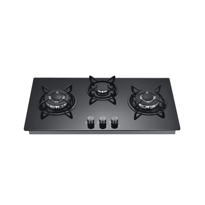 Tempered glass 75 cm width 3 gas burner built in hob with heavy enamel support