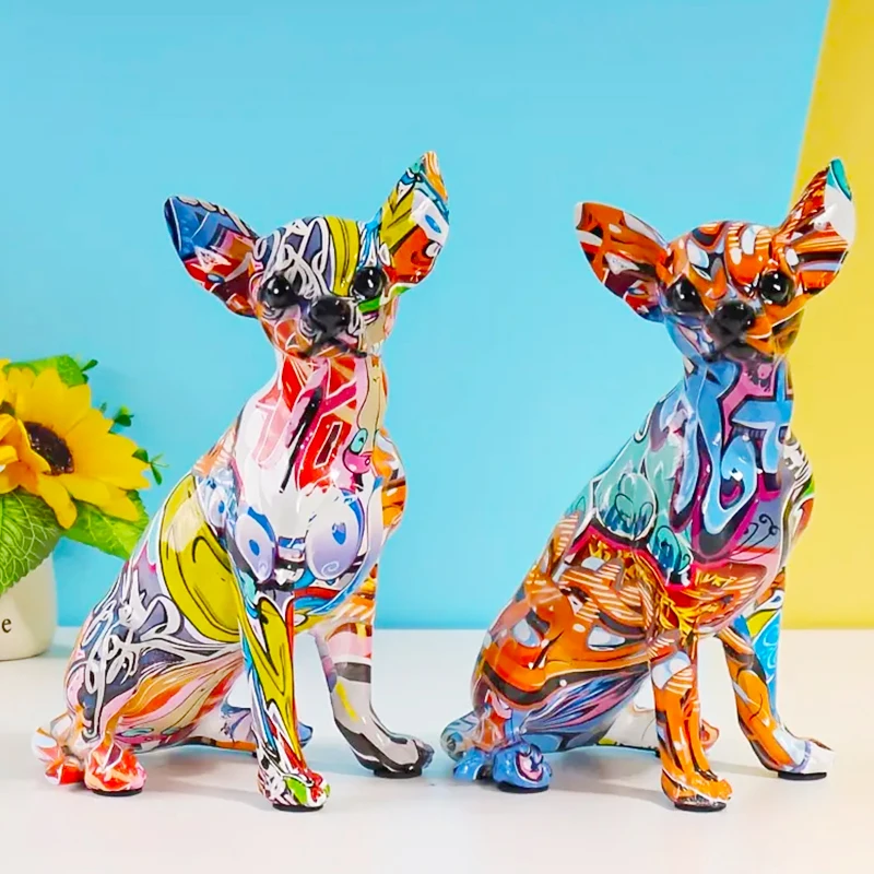Creative Water Transfer Chihuahua Dog Figurine Ornaments Home Office Tabletop Resin Crafts Decor Graffiti Chihuahua statue