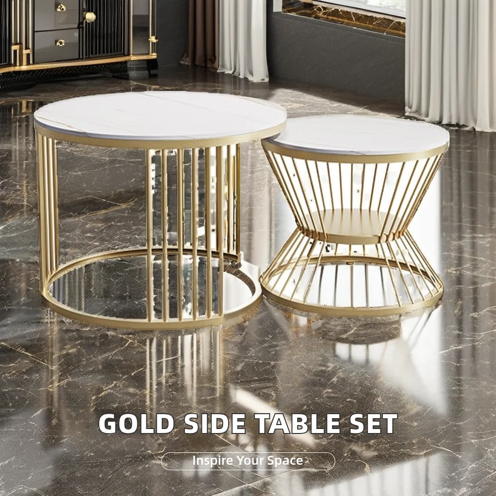 Contemporary Modern round Nesting Coffee Table Set Gold Metal Side with Glass Marble 2 Pieces Tea Coffee Table Middle Center Use
