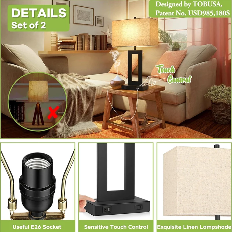 2 USB Ports 3-Way Dimmable Modern Bedside Table Lamp Set Cream Fabric Lampshade Touch Desk Lamp Bedroom Living Room Reading