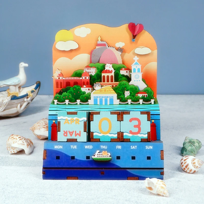 Tonecheer Gulangyu Islet Calendar Wood Jigsaw Unique Gift  Desk Kids Calendar Stand Wooden Perpetual Calendar 2023
