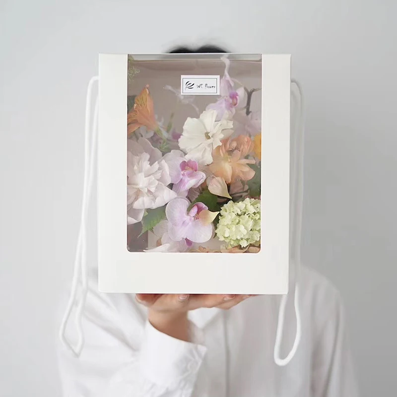 Hot sale clear box flower packaging cardboard boxes window gift boxes with handles